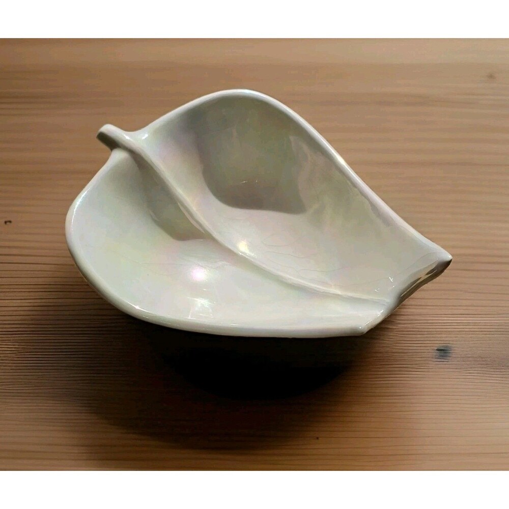 Leaf-Shaped Candy Bowl Pearlescent White Ceramic Dish Cal Style Pottery USA 2232